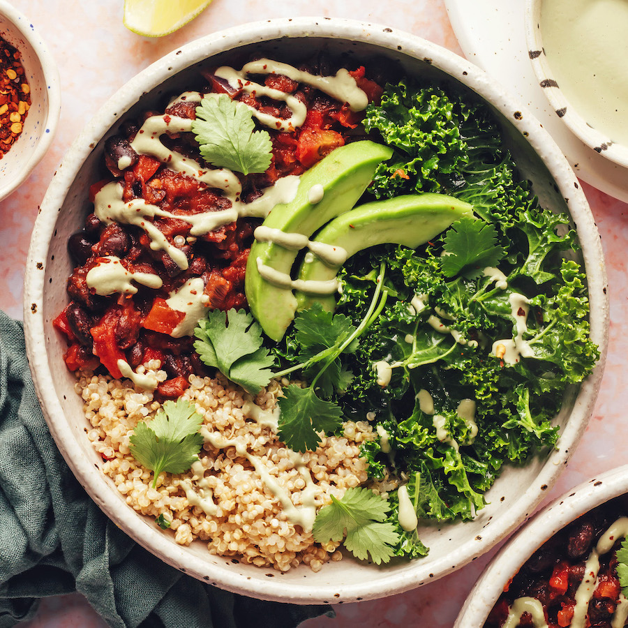 Bowl of our smoky black bean quinoa chili bowl