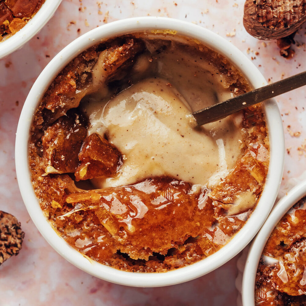 Overhead shot of a ramekin of chai-spiced creme brulee