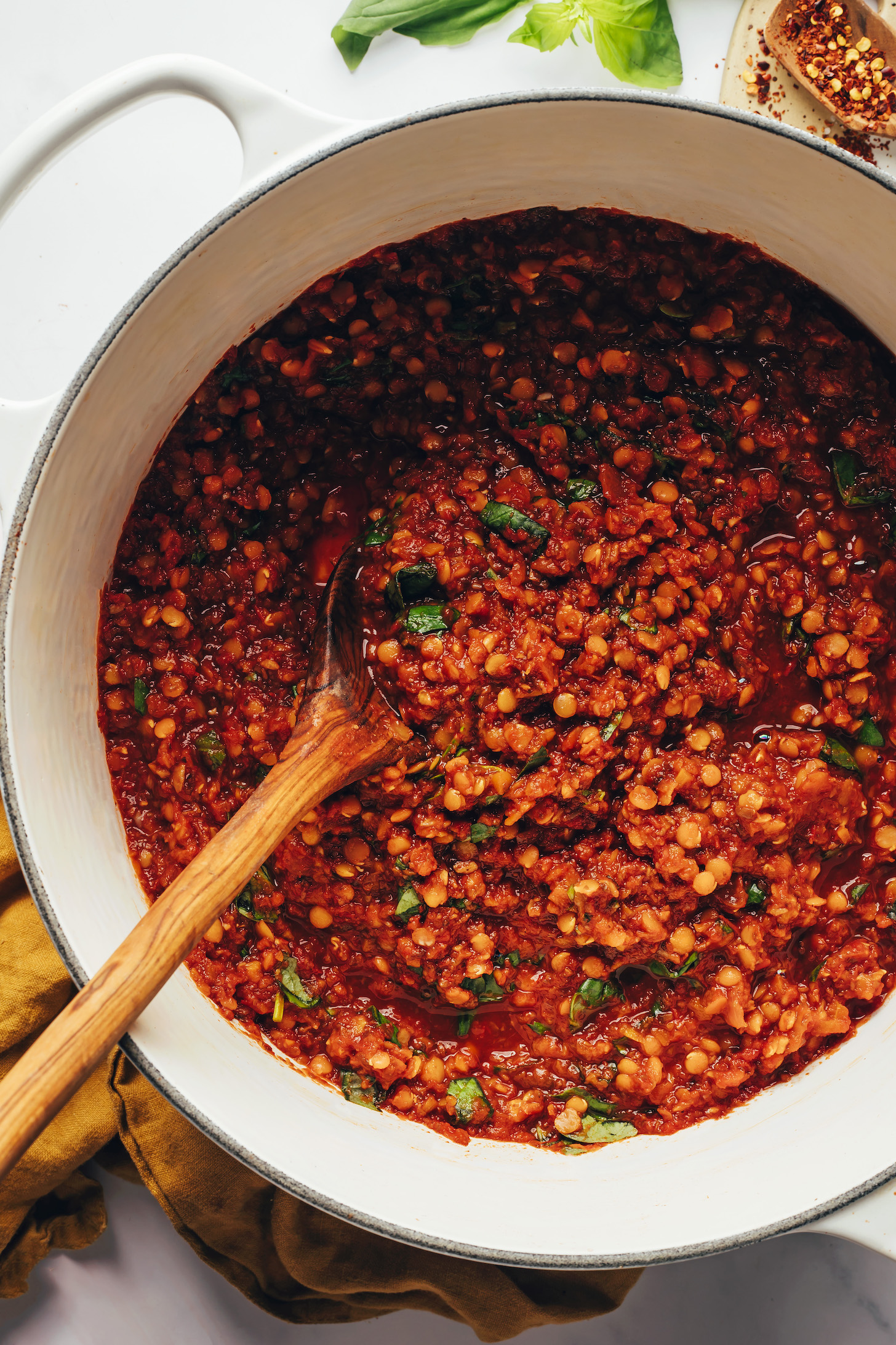 Dutch oven filled with vegan lentil bolognese