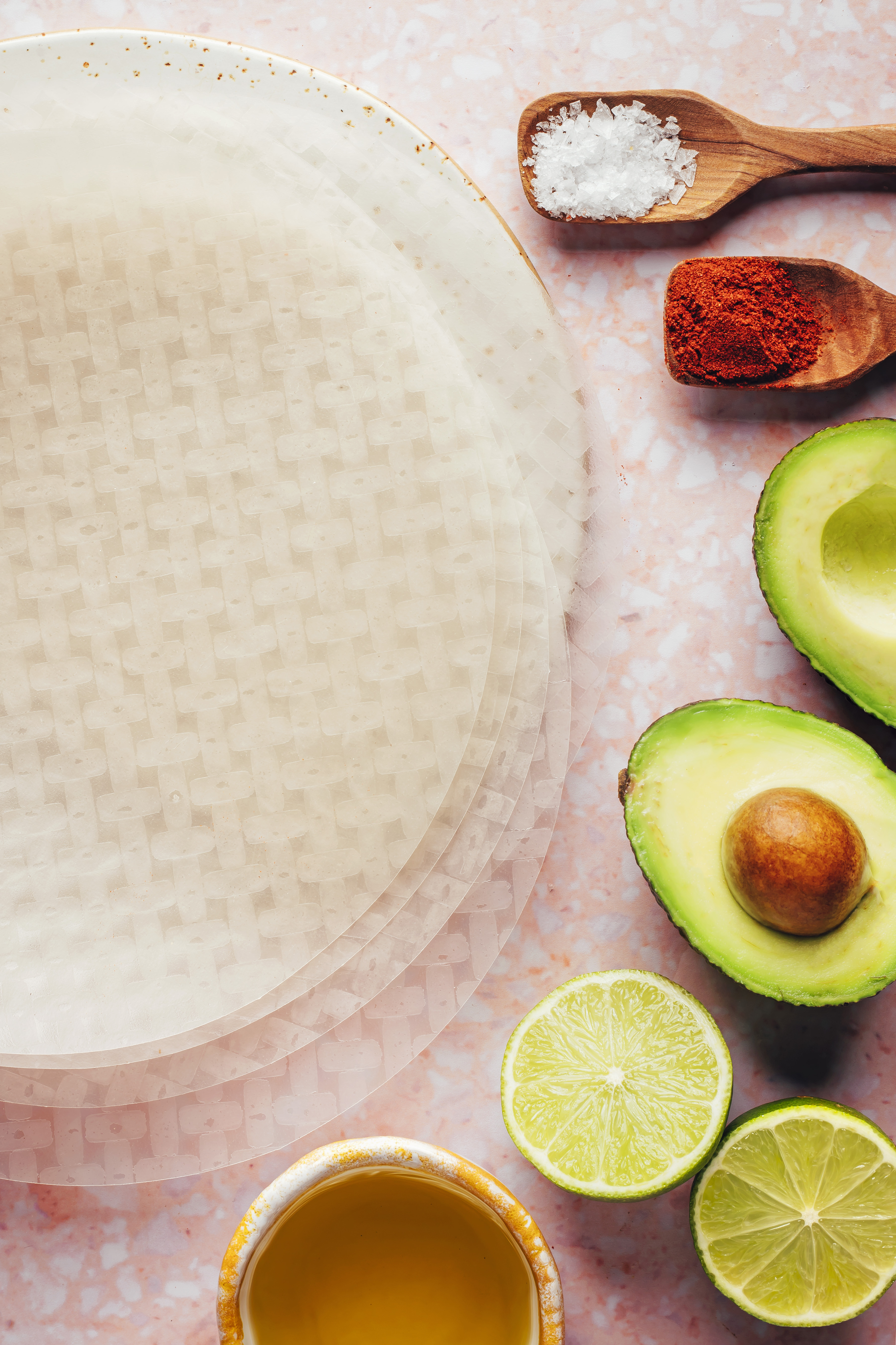 Rice paper wrappers, salt, cayenne, avocado, lime, and avocado oil