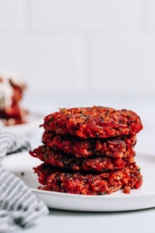 Stack of crispy quinoa root vegetable fritters