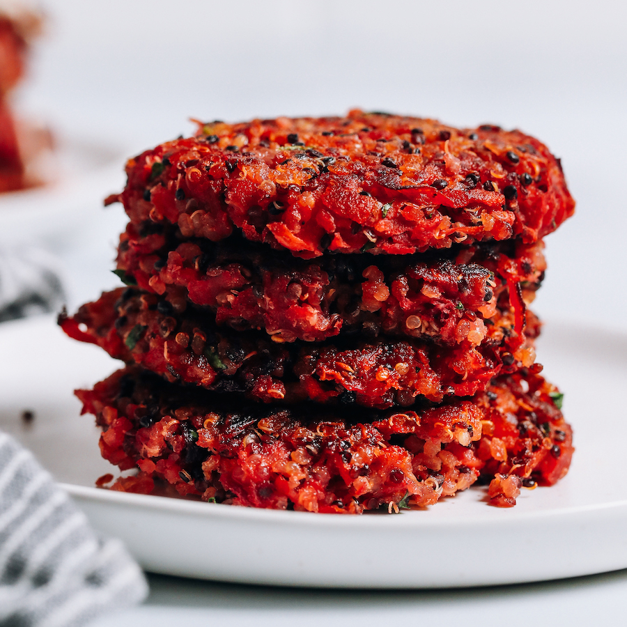 Close up shot of a stack of crispy root vegetable fritters