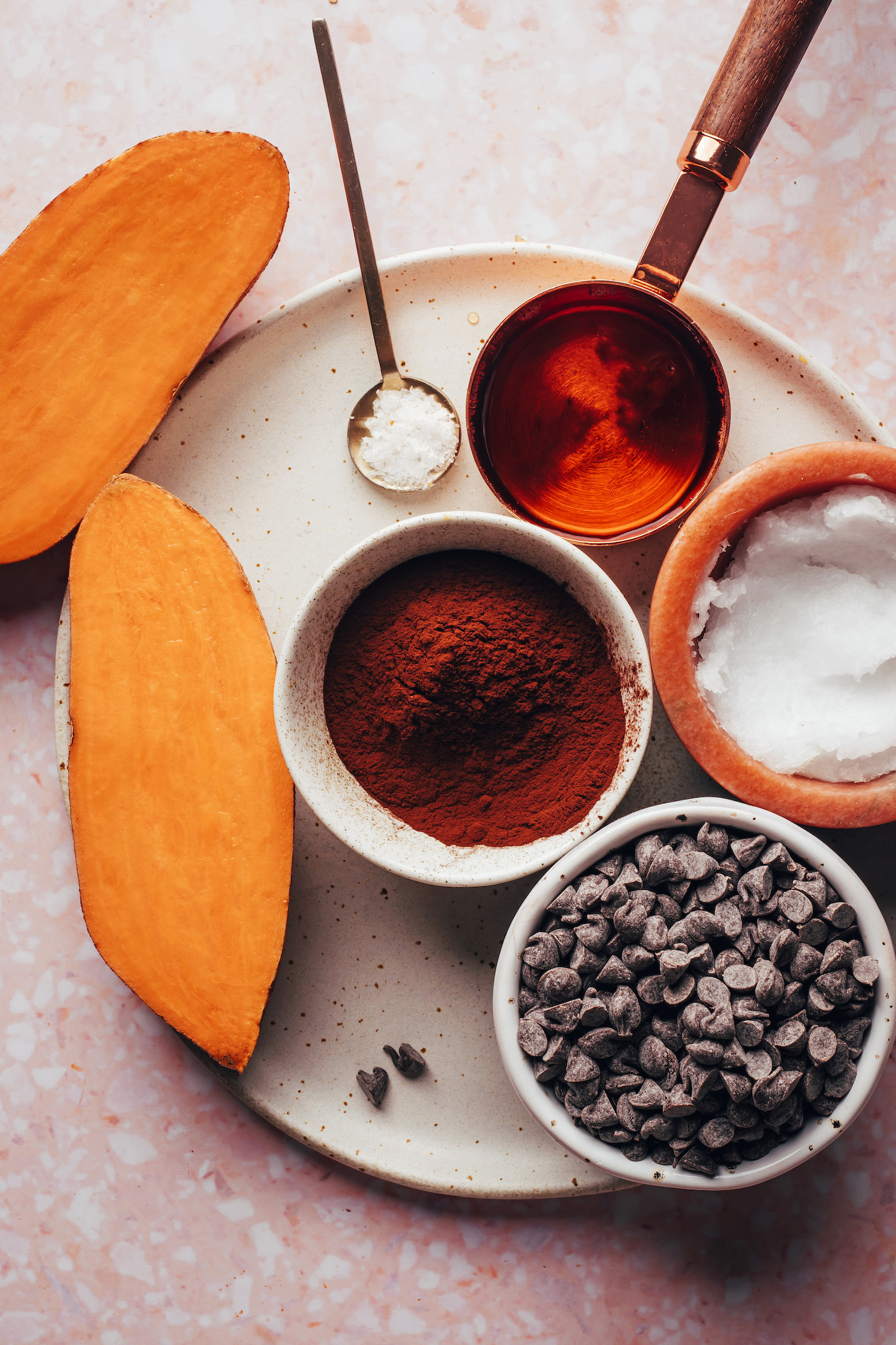 Sweet potatoes, cocoa powder, chocolate chips, coconut oil, maple syrup, and salt