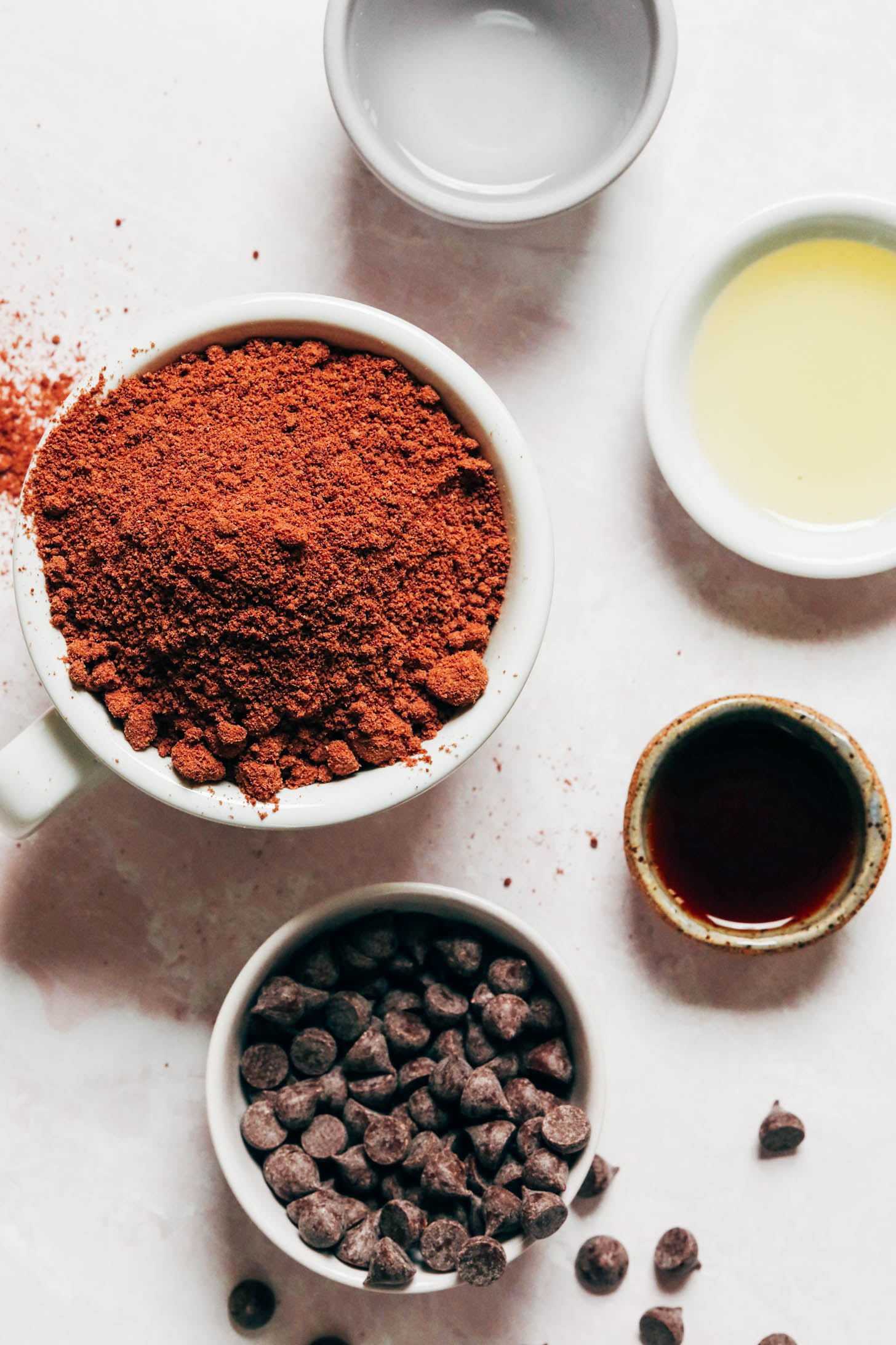 Chocolate cake mix, water, avocado oil, vanilla, and chocolate chips