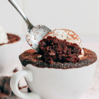 Spoon holding a bite of our vegan gluten-free chocolate mug cake and vanilla ice cream