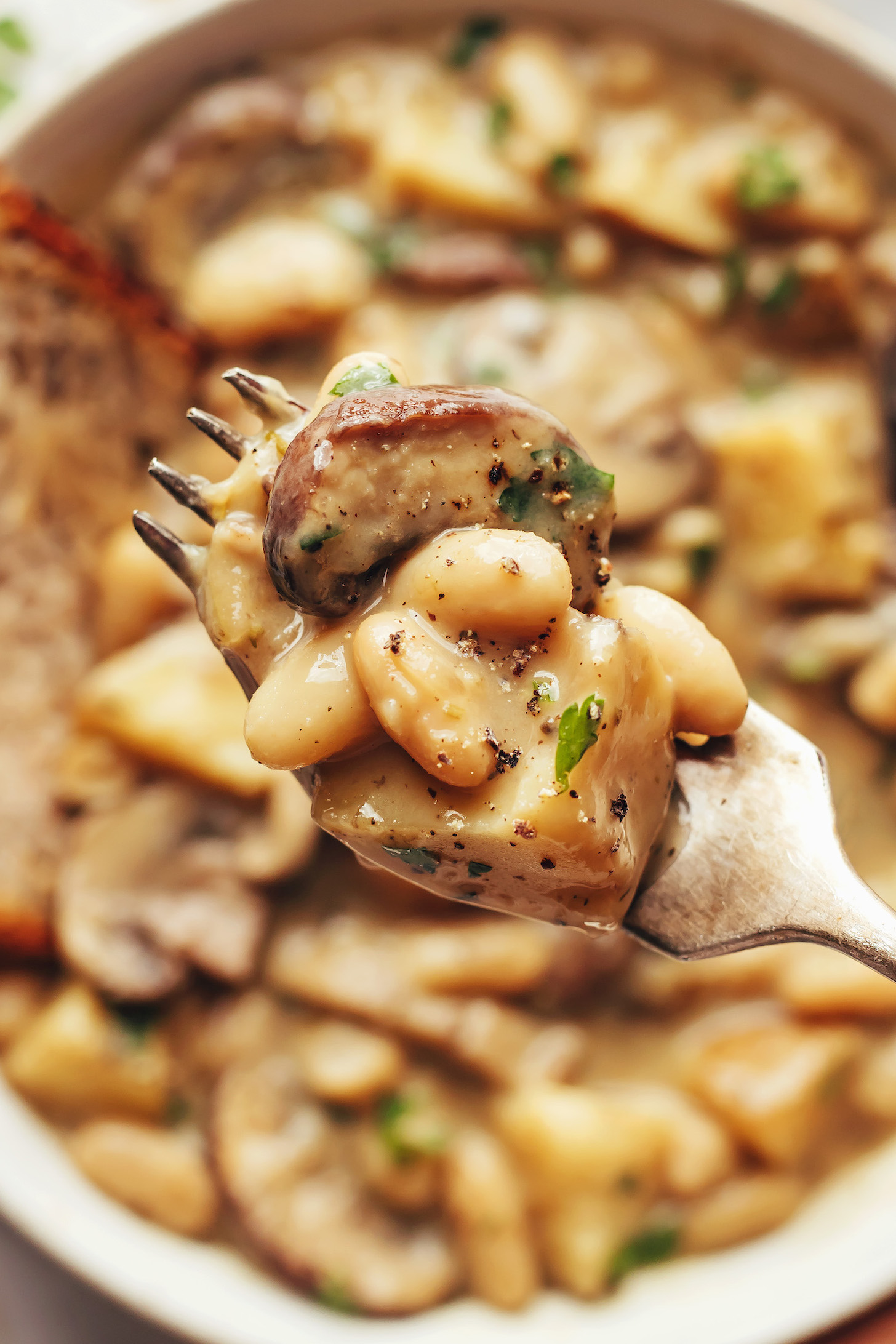 Close up shot of mushroom white bean potato stew on a fork