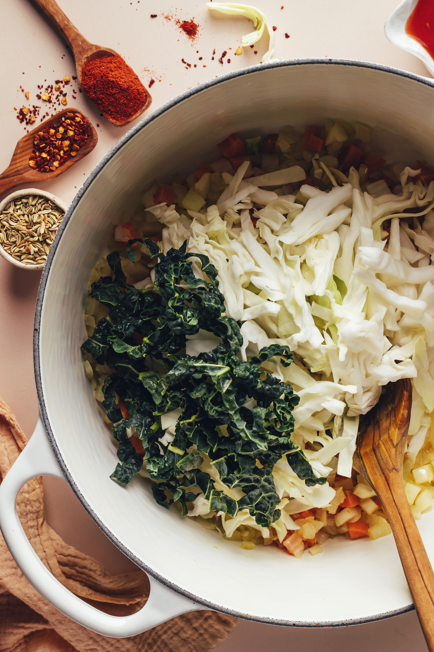 Chopped kale and cabbage over sautéed veggies