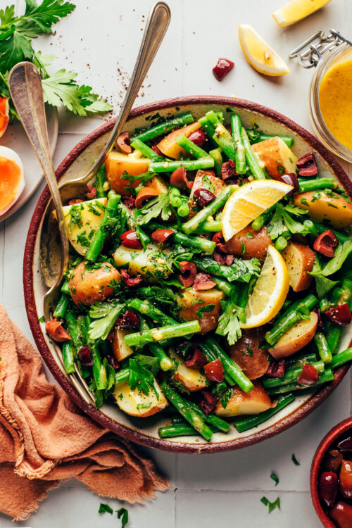 Overhead shot of a bowl of our french style green bean potato salad recipe