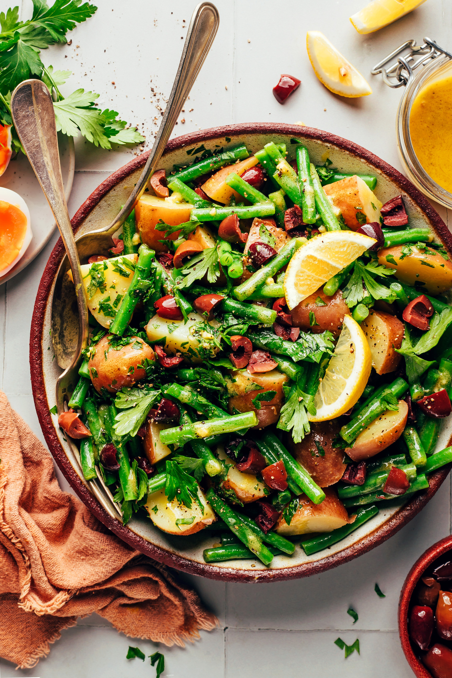Overhead shot of a bowl of our French style green bean potato salad recipe