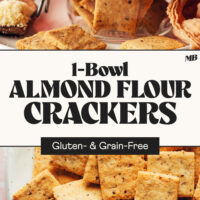 Our 1-bowl gluten-free and grain-free almond flour crackers in a glass jar and on a plate