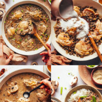 Photos of the process for making our creamy dairy-free mushroom chicken recipe