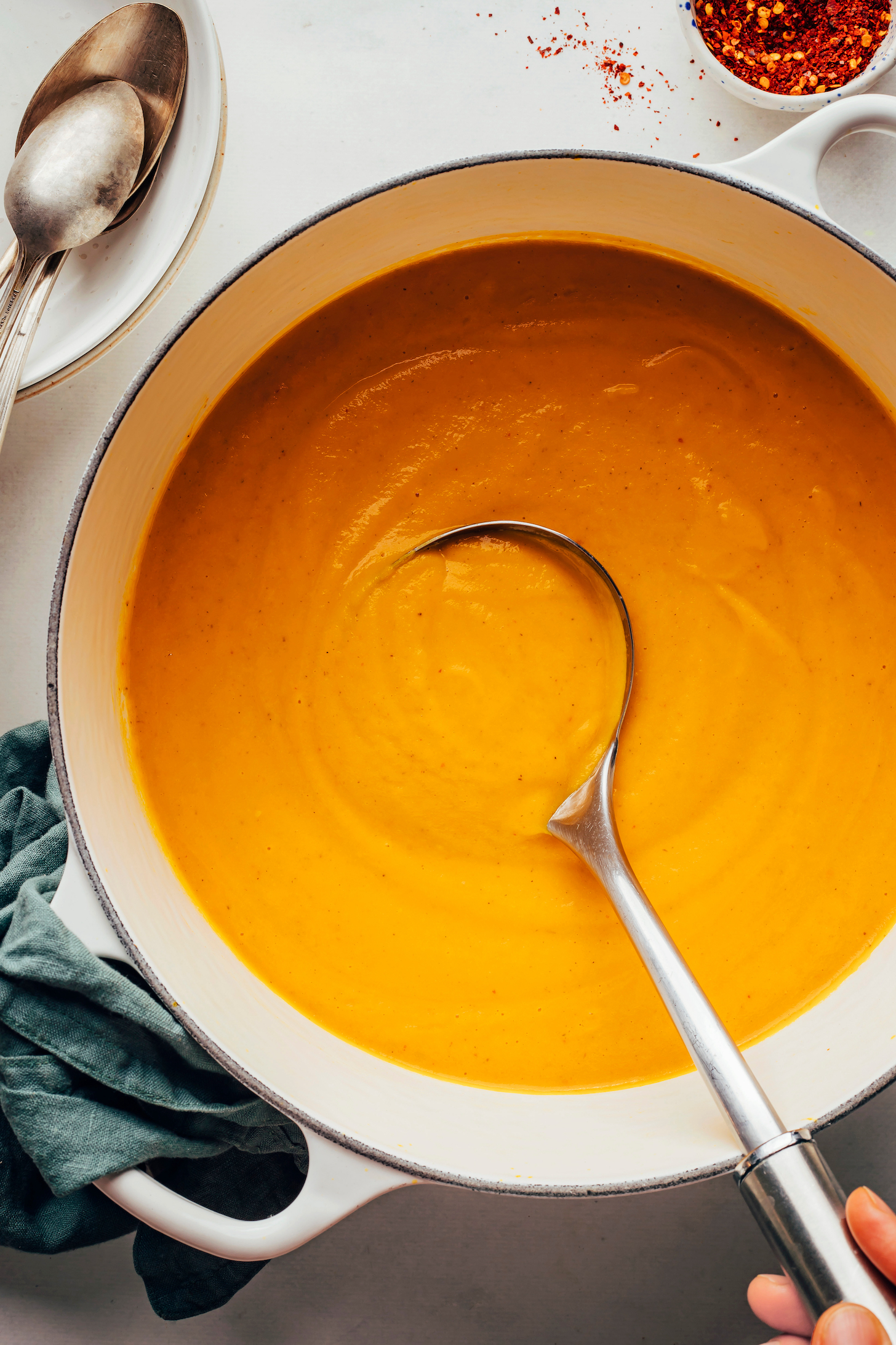 Ladle in a pot of creamy carrot soup