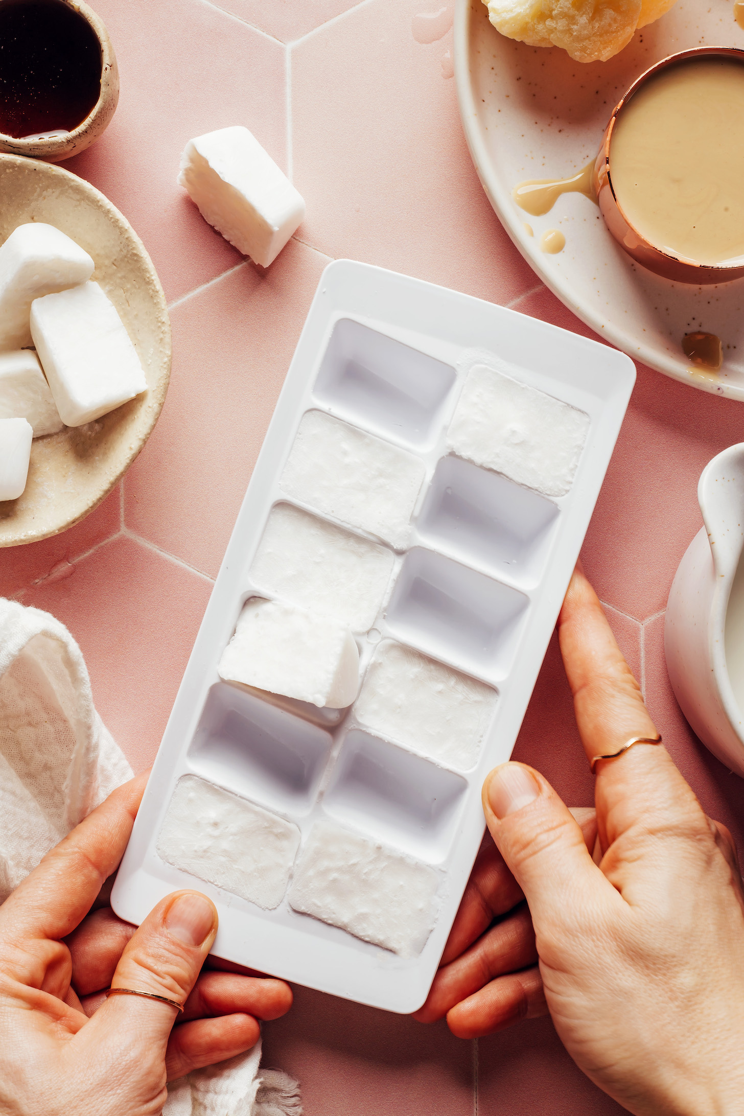 Tray of coconut milk ice cubes