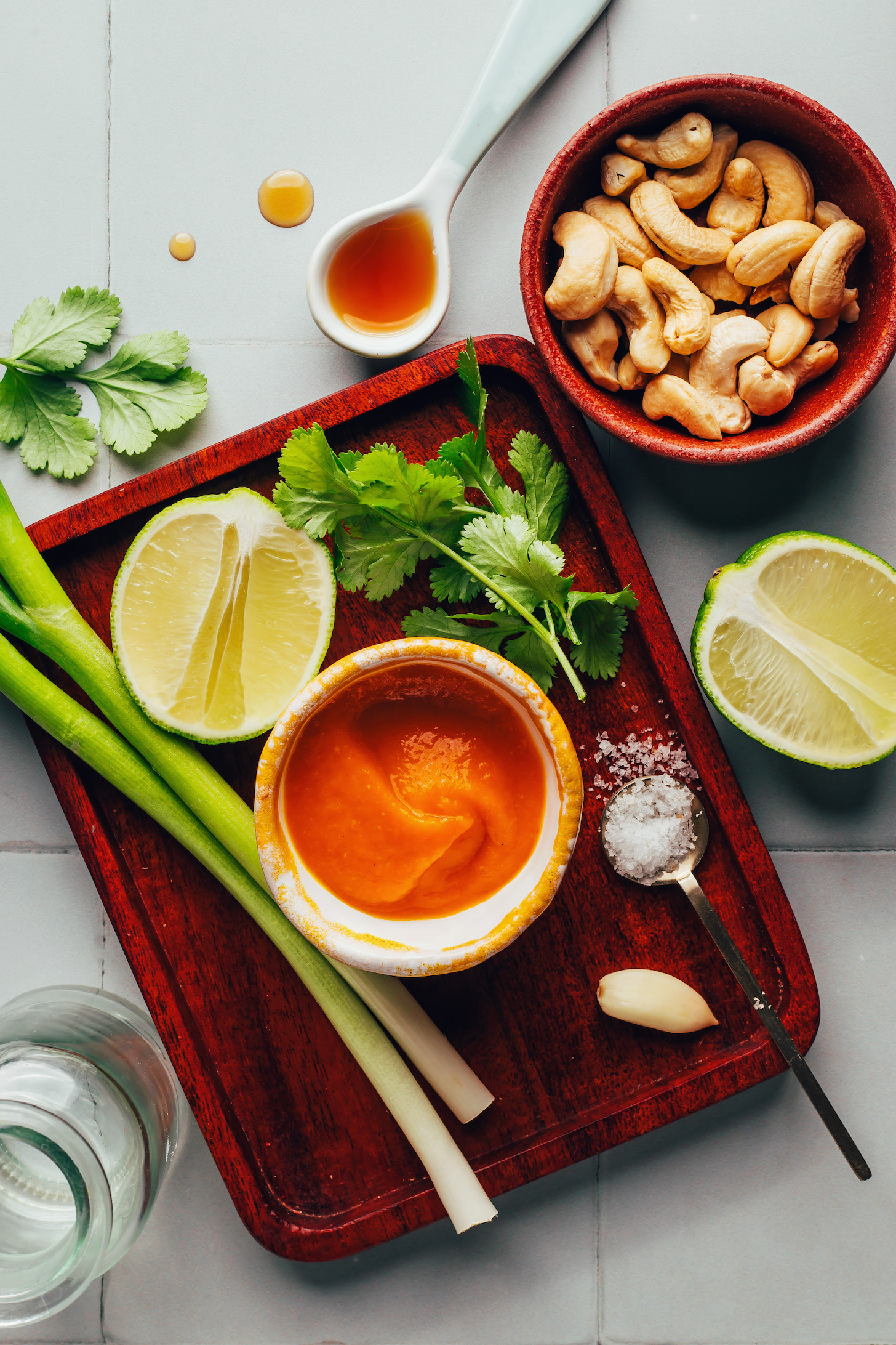 Cashews, lime, salt, garlic, aji amarillo, cilantro, green onions, and maple syrup