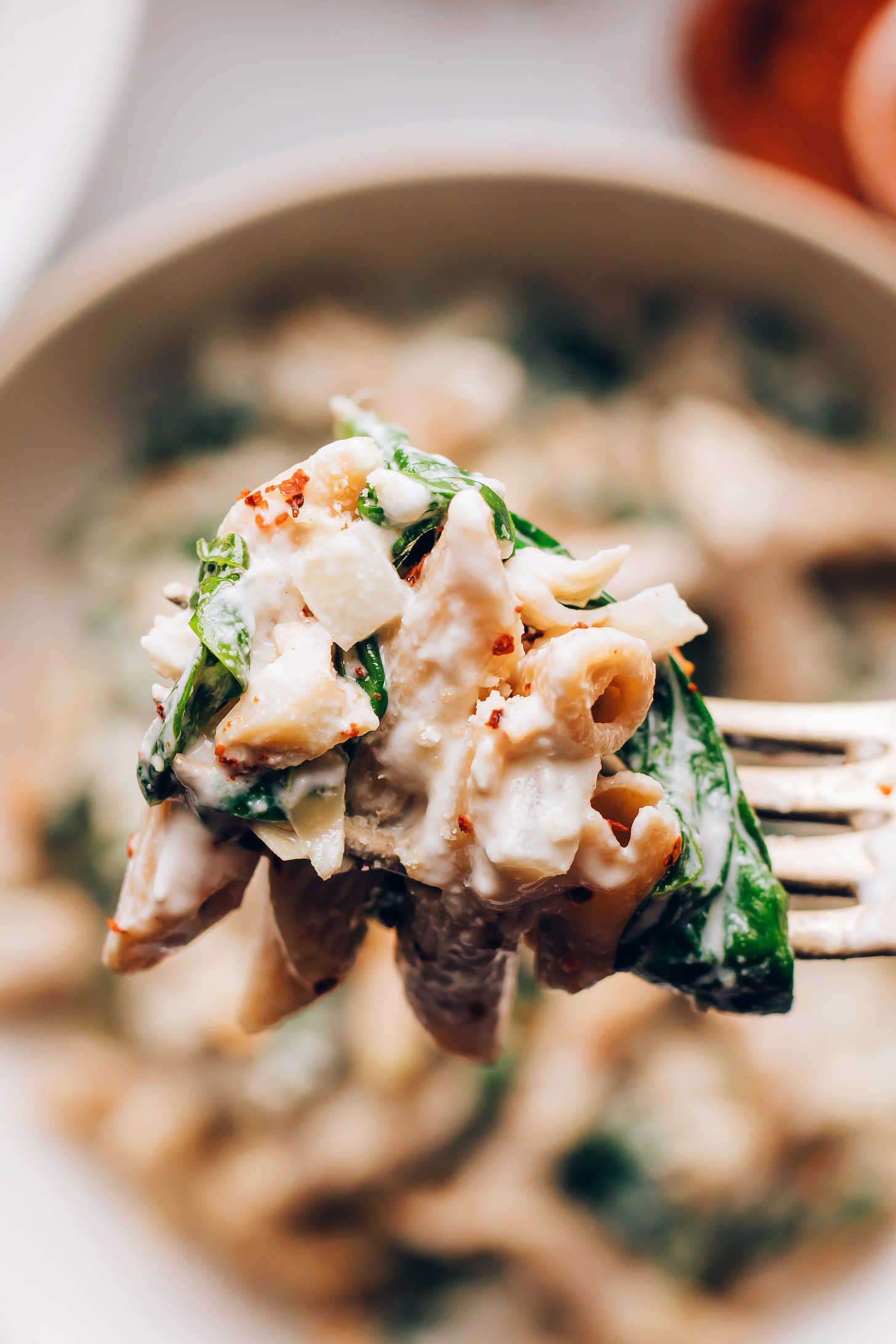 Up close shot of a bite of pasta