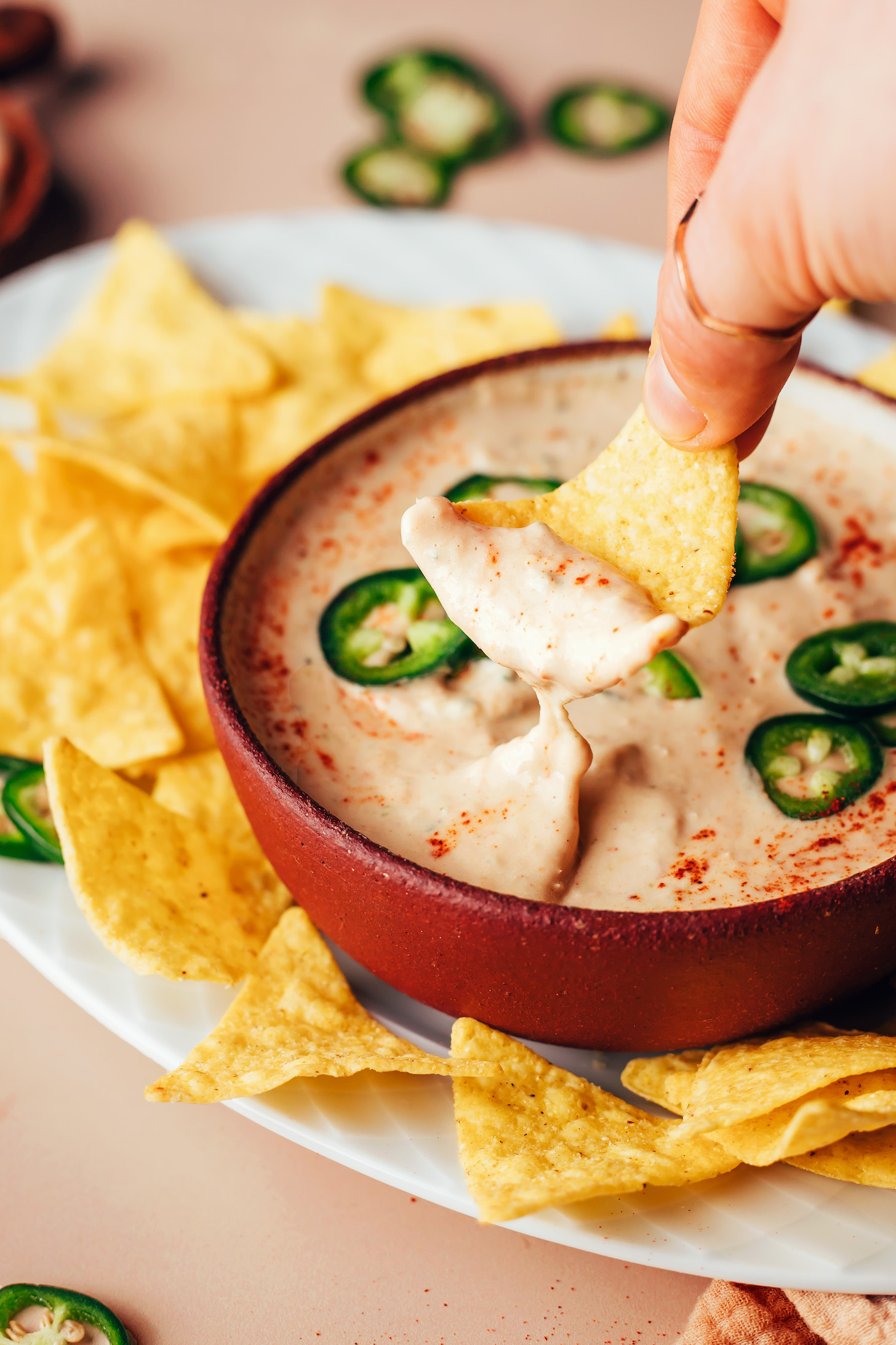 Tortilla chip above a bowl of vegan white bean dip