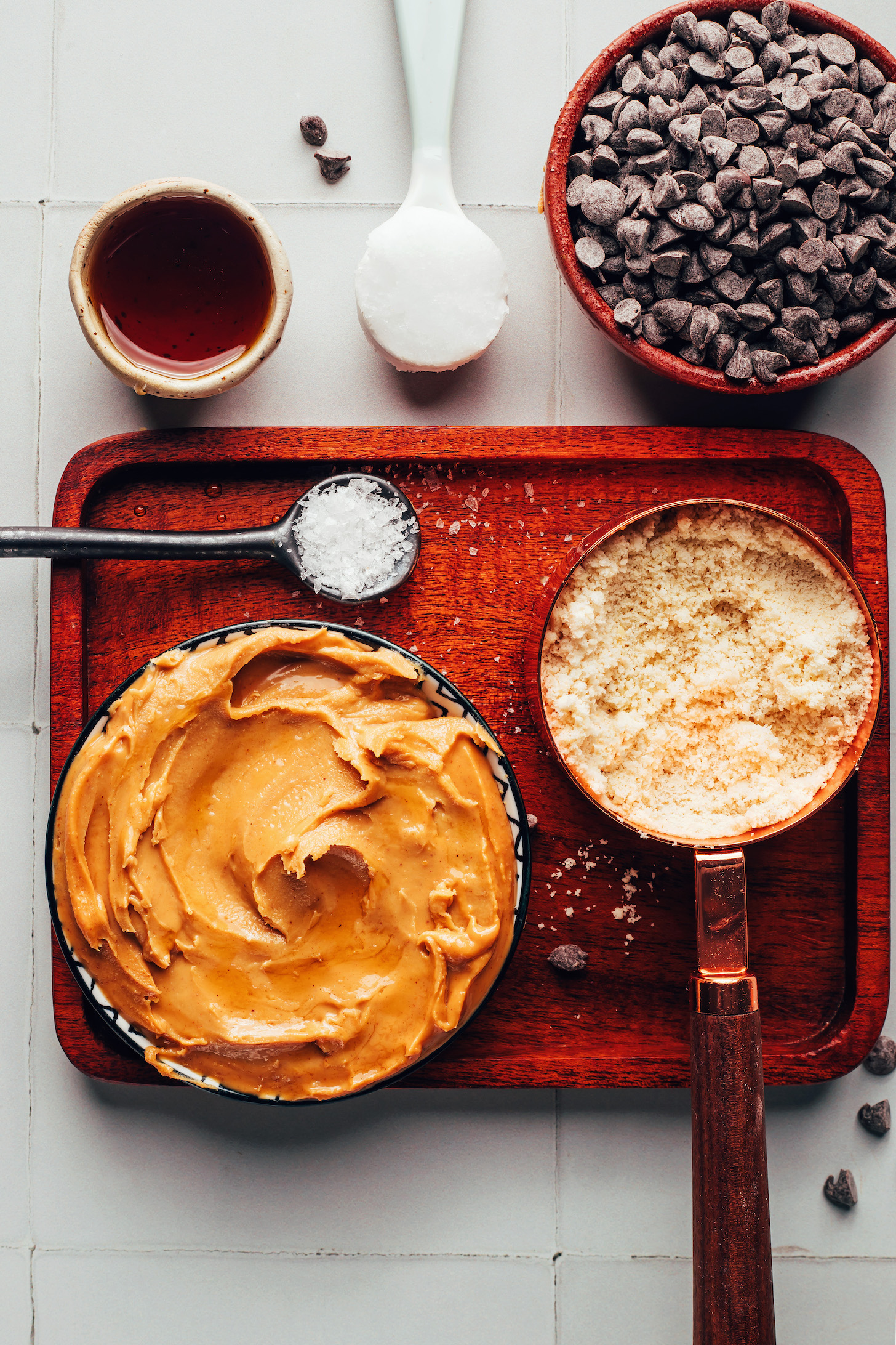 Peanut butter, almond flour, salt, maple syrup, coconut oil, and chocolate chips