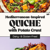 Photos of our Mediterranean-Inspired Quiche with Potato Crust in a pie pan and a slice being held up