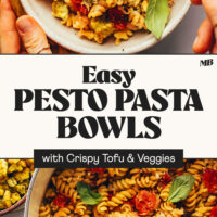 Photos of a bowl and pan of our crispy pesto tofu pasta with cherry tomatoes