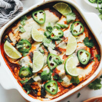 Overhead shot of a pan of vegan white bean chile rellenos