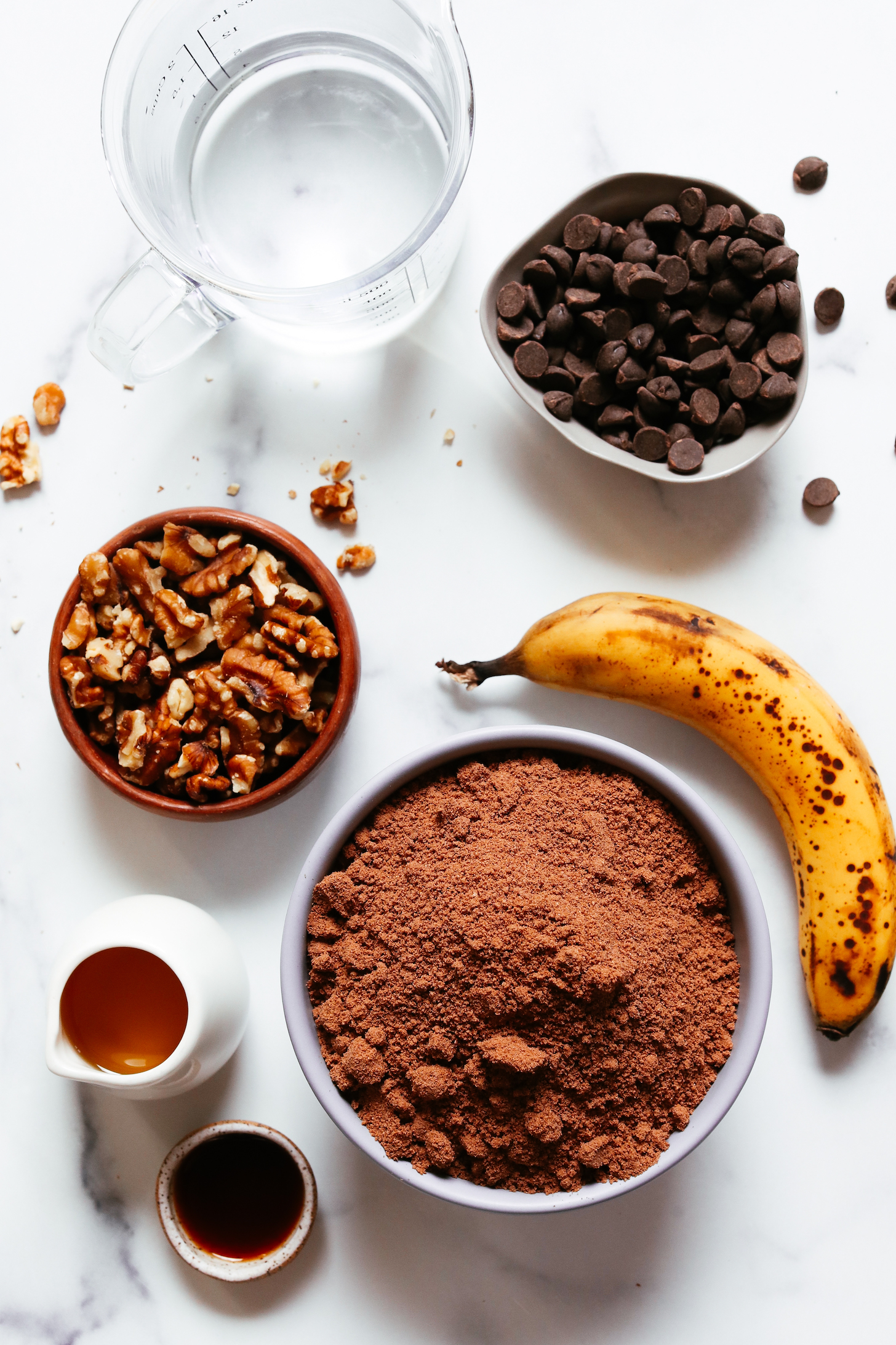 Banana, chocolate cake mix, walnuts, vanilla, avocado oil, chocolate chips, and water