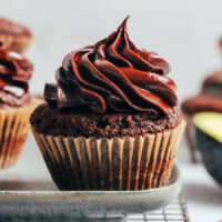 Chocolate cupcake topped with vegan chocolate avocado frosting