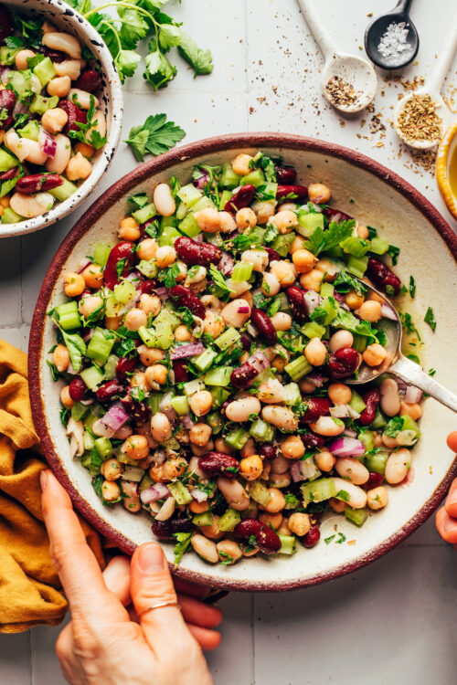 Overhead shot of a bowl of three bean salad
