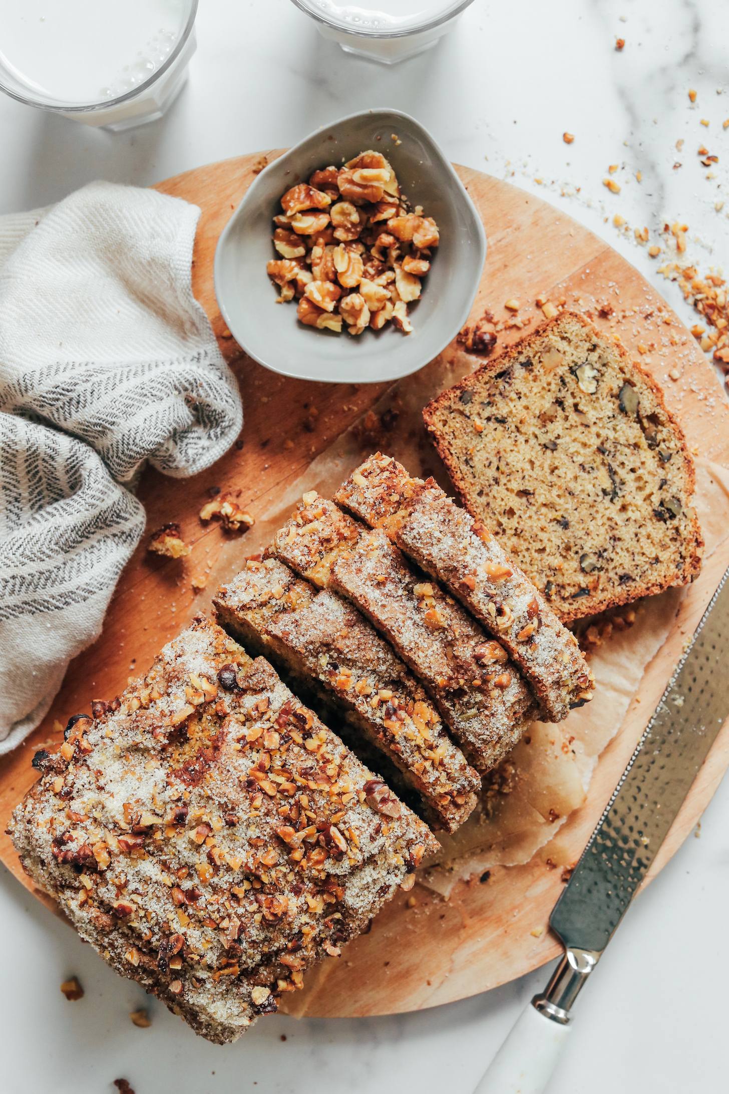 Partially sliced loaf of gluten-free dairy-free banana bread
