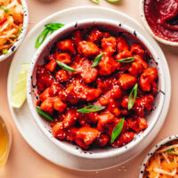 Overhead shot of a bowl of Korean-inspired crispy baked gochujang tofu