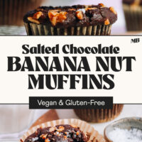 Side and angled views of partially eaten chocolate banana nut muffins with text that says vegan and gluten-free