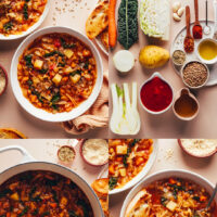 Photos showing the ingredients and process of making our cabbage, fennel, and lentil soup recipe