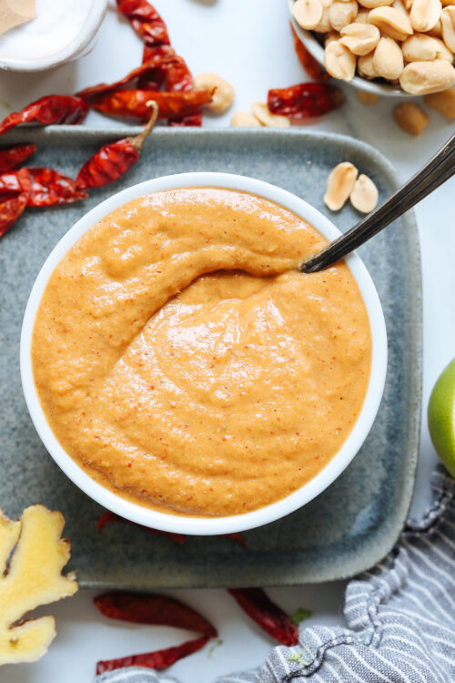 Spoon in a bowl of homemade panang curry paste