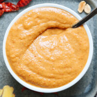 Overhead shot of a bowl of homemade panang curry paste