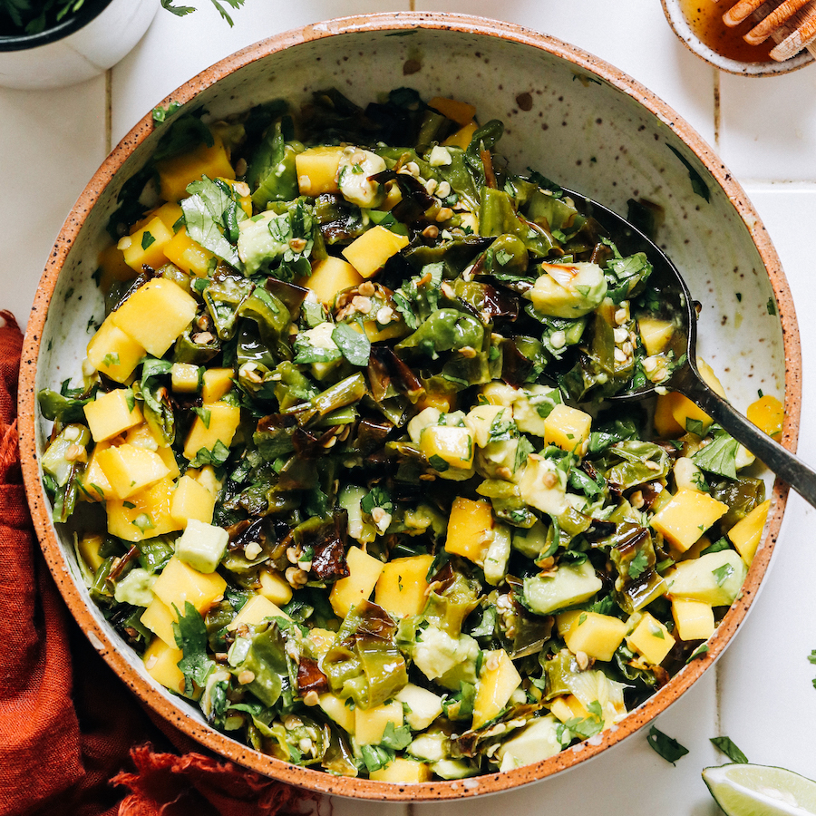 Overhead shot of a bowl of shishito pepper mango salsa