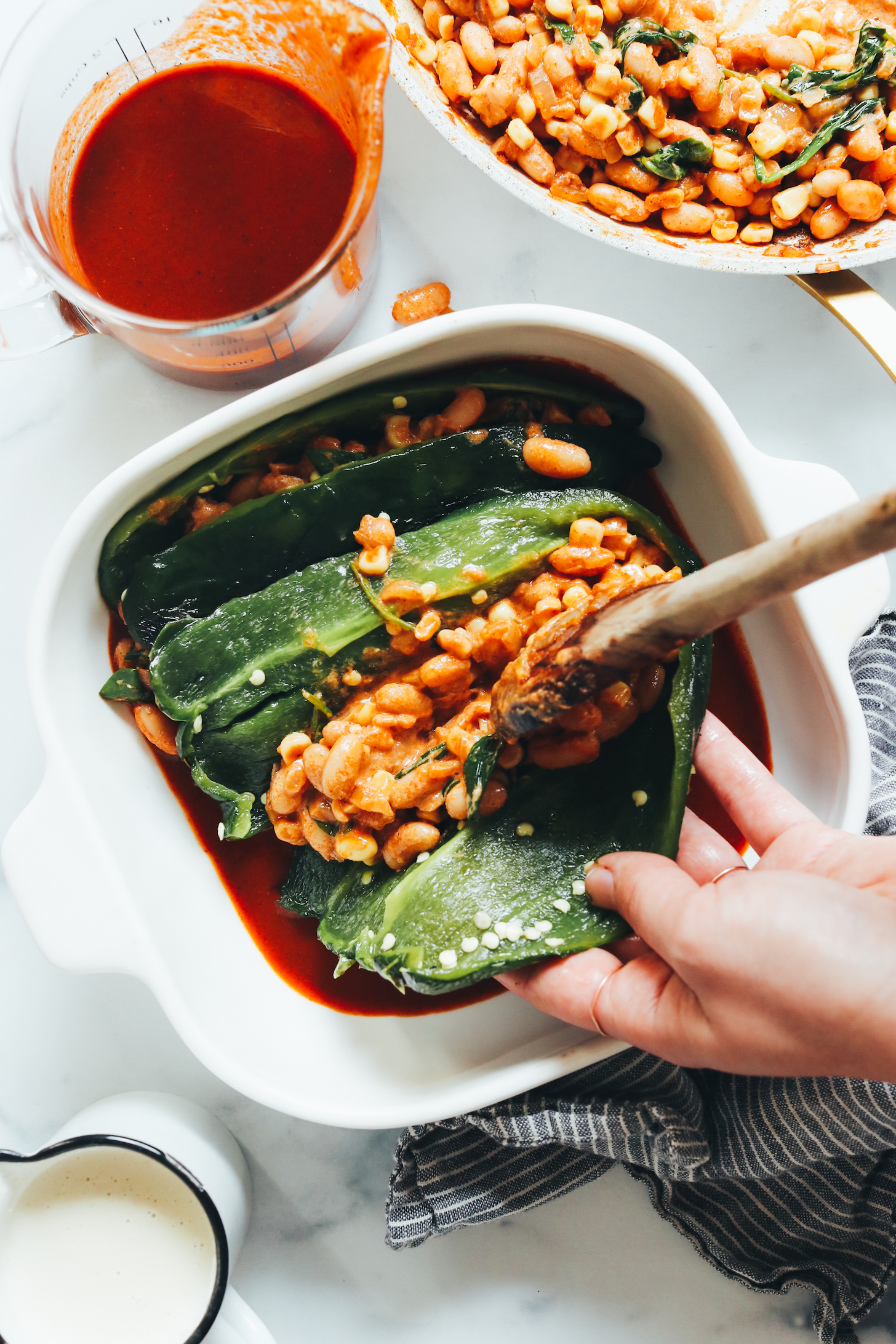 Adding a white bean filling to a roasted poblano pepper