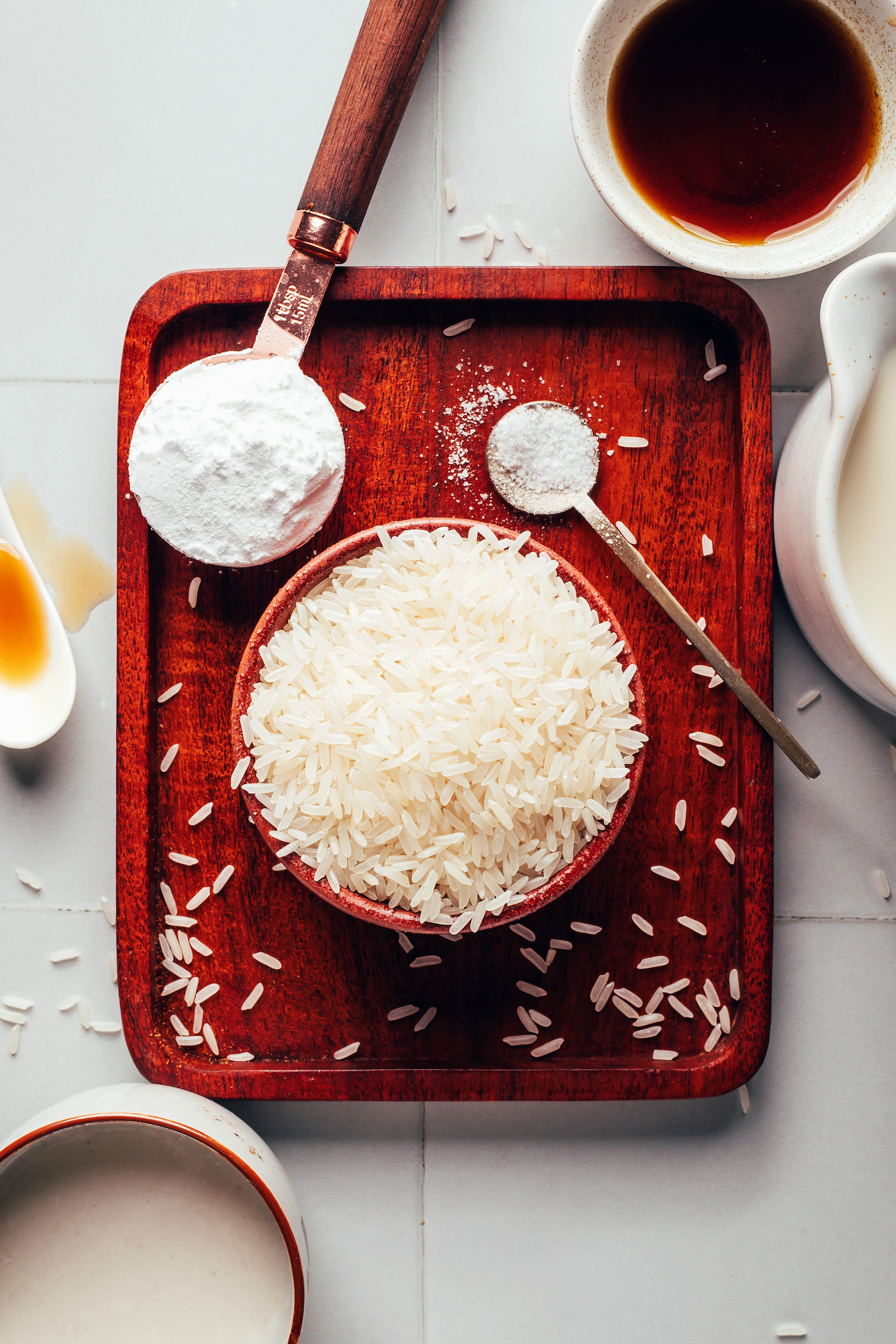 Rice, salt, cornstarch, vanilla, maple syrup, coconut milk, almond milk