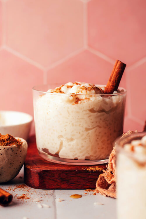 Jars of our easy vegan rice pudding recipe