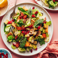 Overhead shot of a plate of fattoush salad