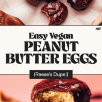 Photos of our Easy Vegan Peanut Butter Eggs on a plate and in a stack with text that says Reese's Dupe!