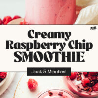 Overhead and sides views of glasses of our delicious raspberry banana smoothie