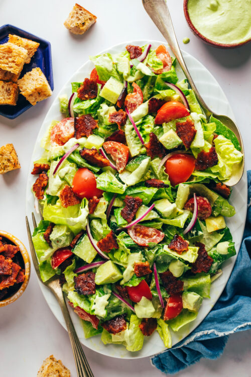 Overhead shot of a blt salad on a platter