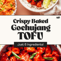 Bowls of crispy baked gochujang tofu with rice and cabbage slaw