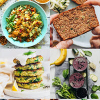 Salad, zucchini bread, fritters, a smoothie, pasta, and zucchini boats with text about it reading all vegan zucchini recipes
