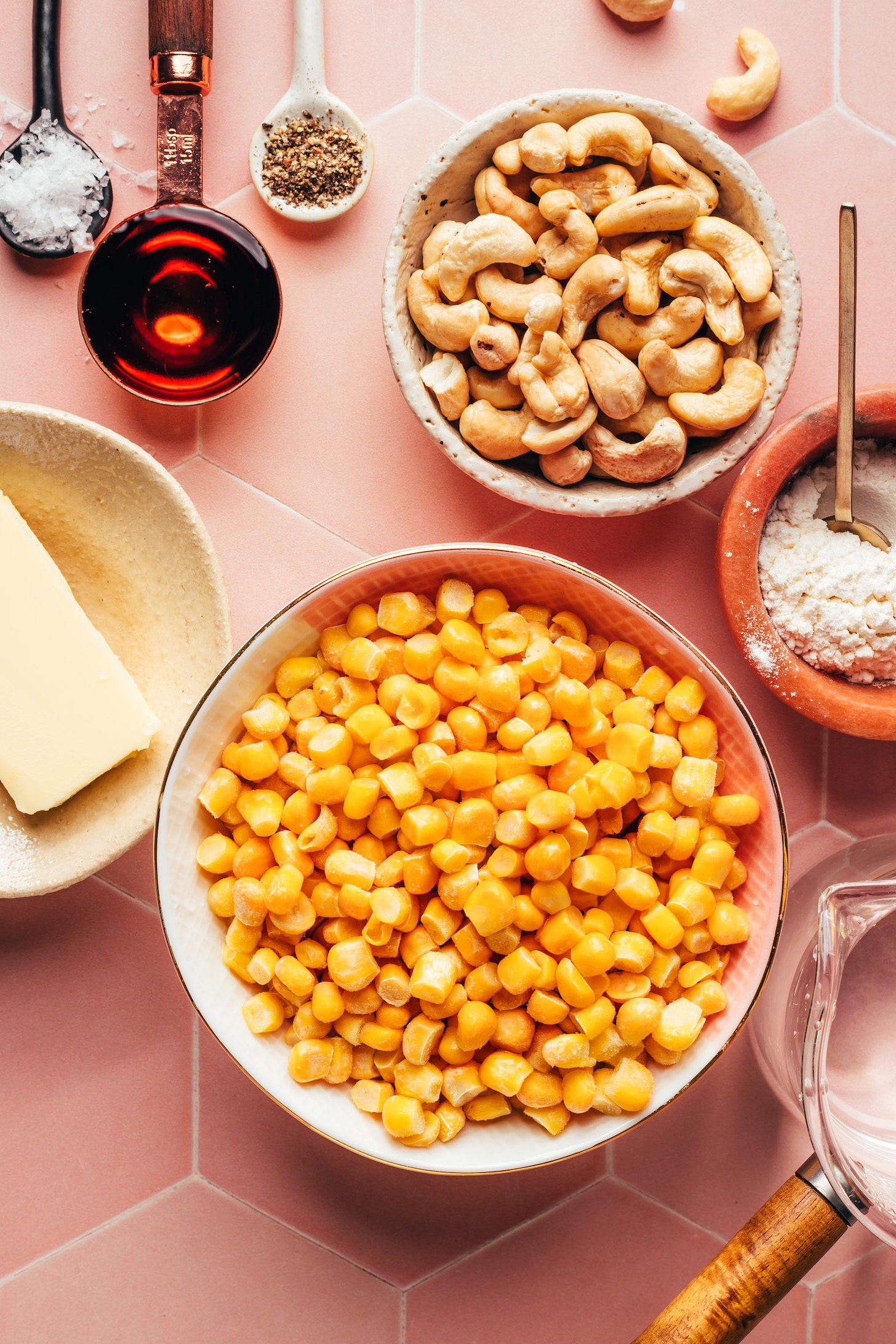 Salt, maple syrup, black pepper, cashews, all-purpose flour, water, corn, and vegan butter