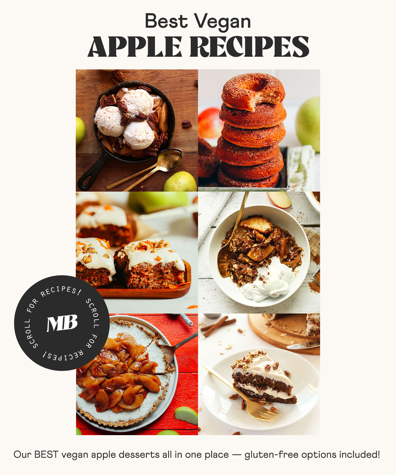 Assortment of vegan apple desserts including donuts, sundaes, cakes, crisp, and cheesecake
