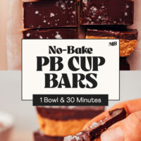 Overhead and side angled photos of a batch of our no-bake peanut butter cup bars with text that says 1 bowl and 30 minutes
