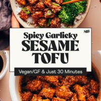 Saucepan of spicy garlicky sesame tofu and a bowl of it served with rice and broccoli with text between the photos that says vegan, gluten-free, and just 30 minutes