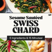 Photo of a skillet of sautéed swiss chard and another with ingredients used to make it and text between the photos that says 5 ingredients and 15 minutes