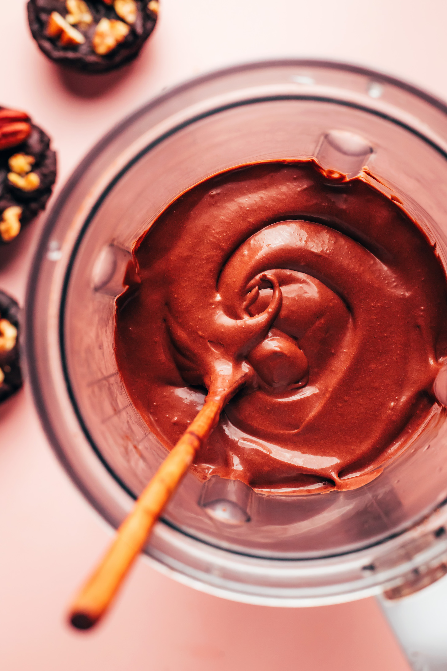 Blended mixture of coconut milk, almond milk, xanthan gum, cocoa, powder, vanilla extract, and sugar