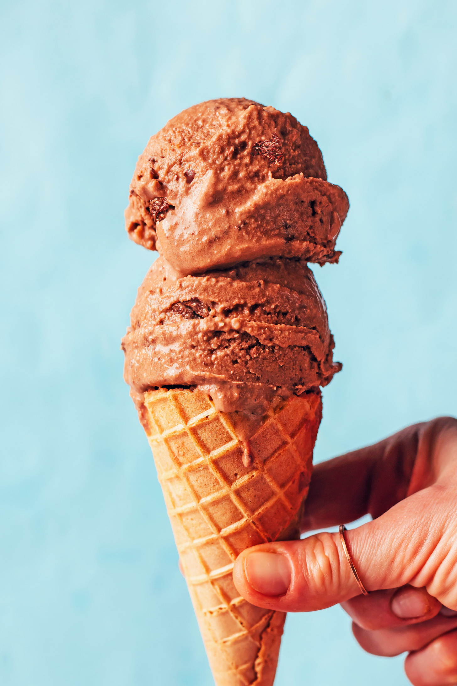 Ice cream cone with two scoops of our vegan Nutella ice cream